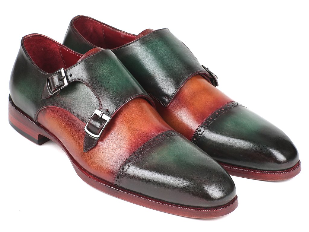 Paul Parkman ''045GC61" Green / Camel Genuine Leather Cap Toe Double Monkstrap Shoes.